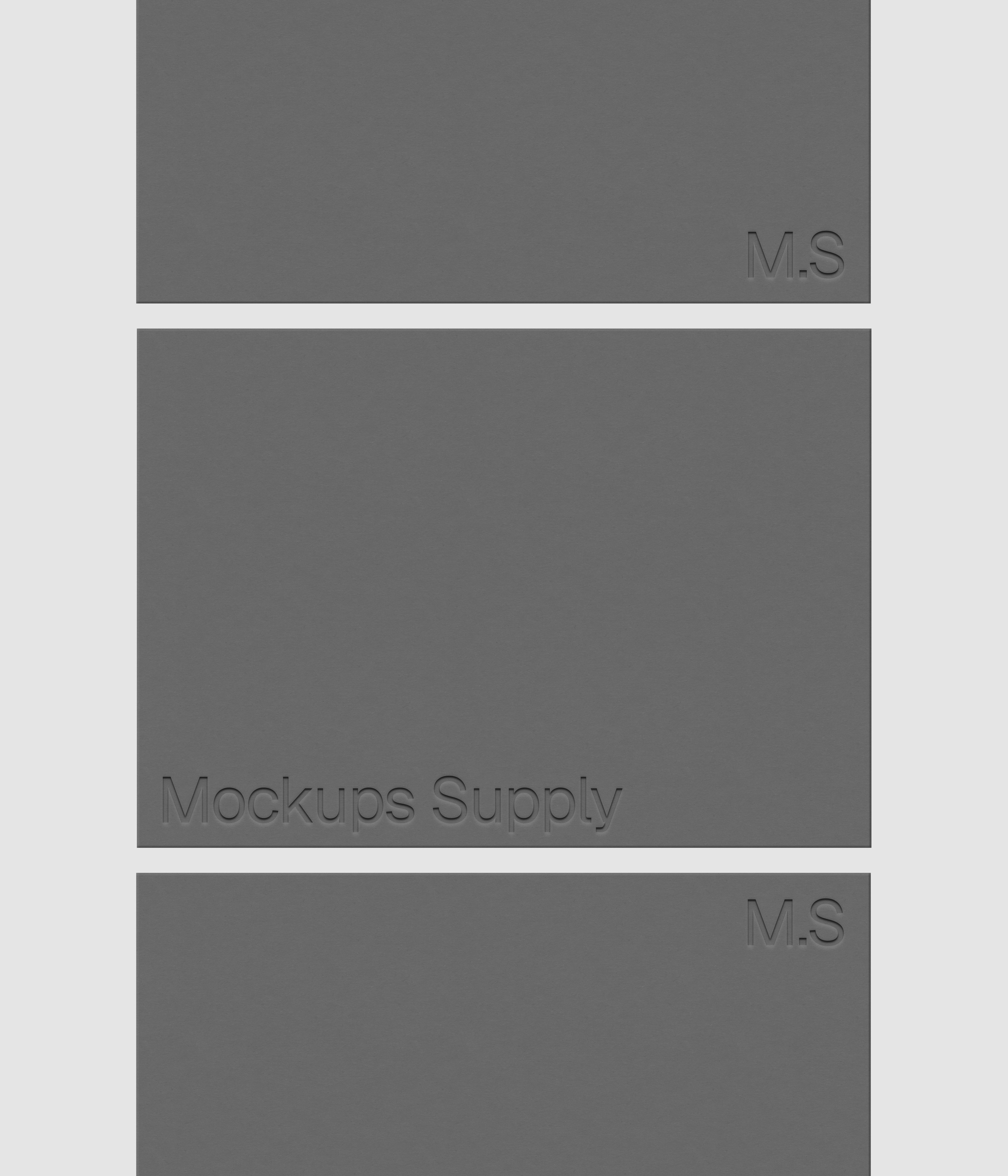Three A4 paper mockup PSD landscape in column with debossed logo effect, gray papers on white background, modern minimal stationery mockup for print design and brand identity