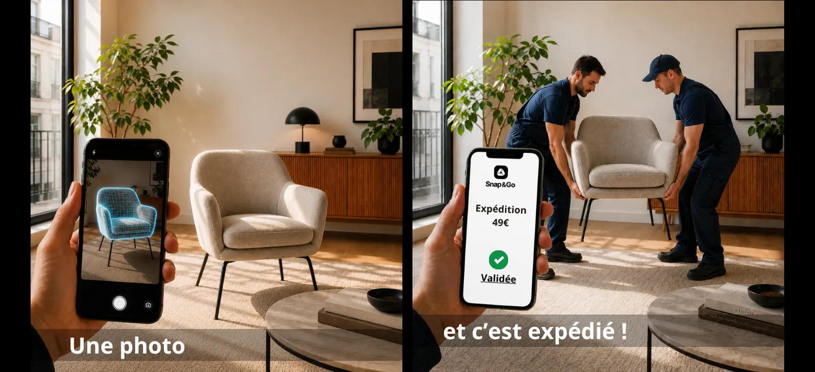Un fauteuil scanné avec l'application Snap&Go, puis emporté par deux transporteurs sans emballage