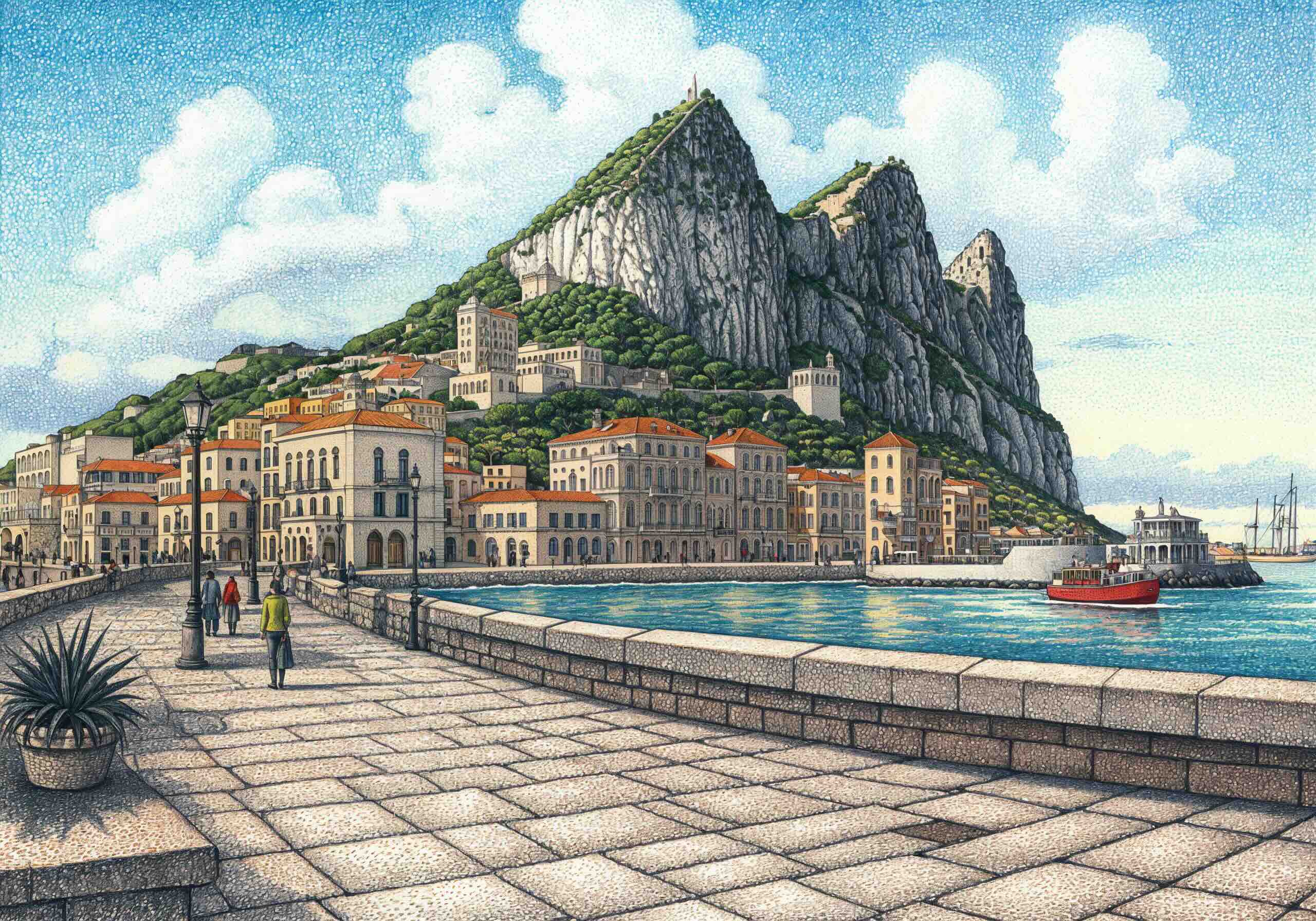 Detailed illustration of Gibraltar, featuring the iconic Rock of Gibraltar towering over a coastal city with Mediterranean-style buildings, a waterfront promenade, and boats in the harbor.