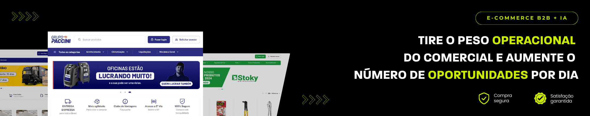 Banner horizontal com fundo escuro, ícones de segurança e satisfação, e imagens de lojas B2B exibidas à esquerda. Elementos gráficos em verde destacam o tema de e-commerce B2B com IA.