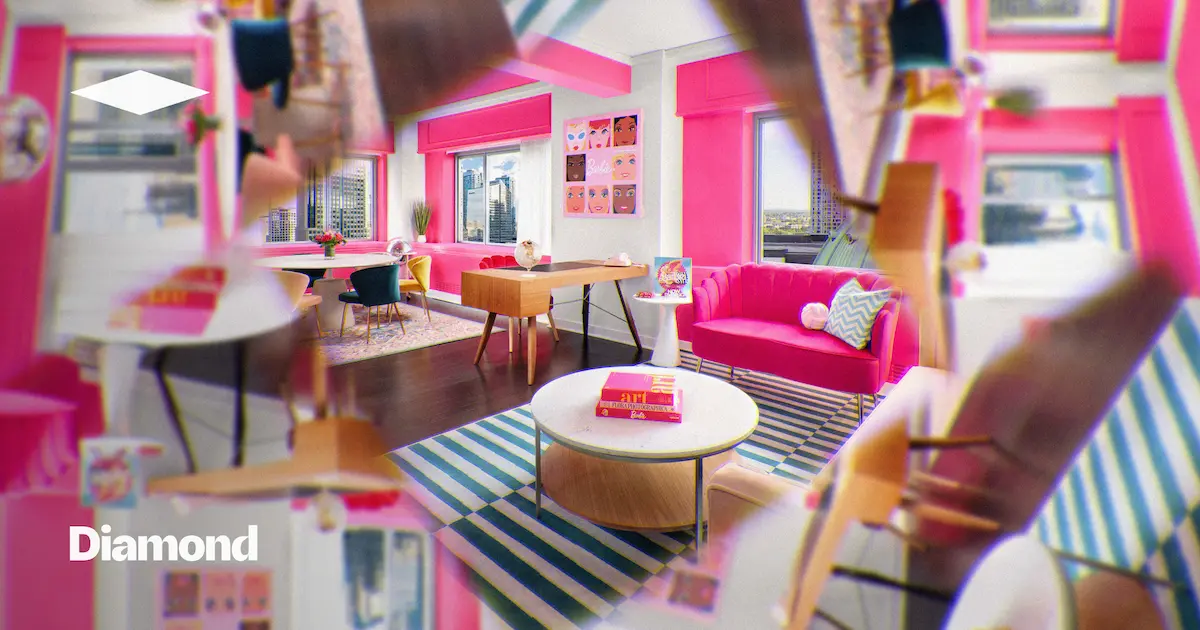 Bright pink living room with modern furniture and playful decor
