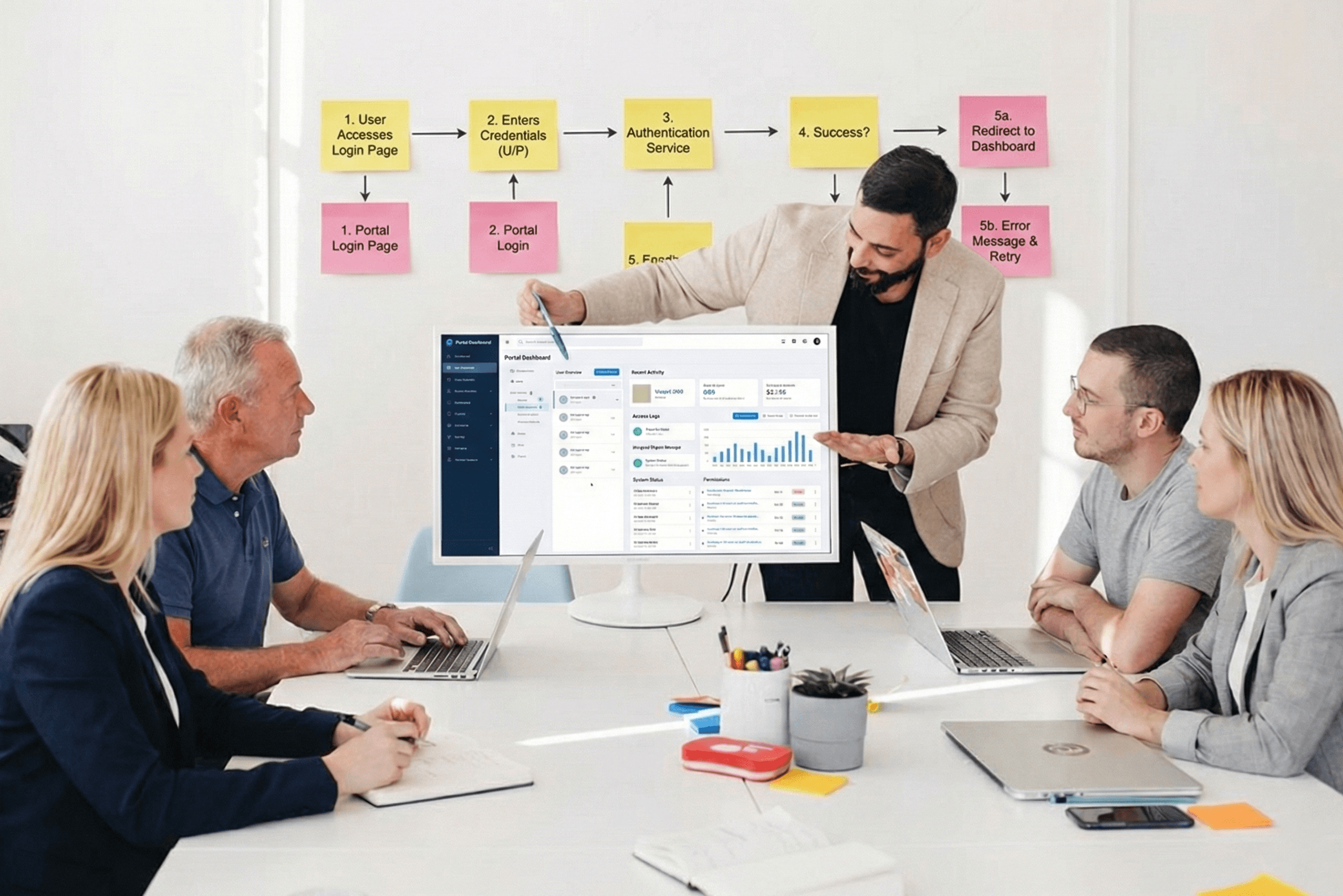 Team reviewing a client portal dashboard and system architecture during a working session