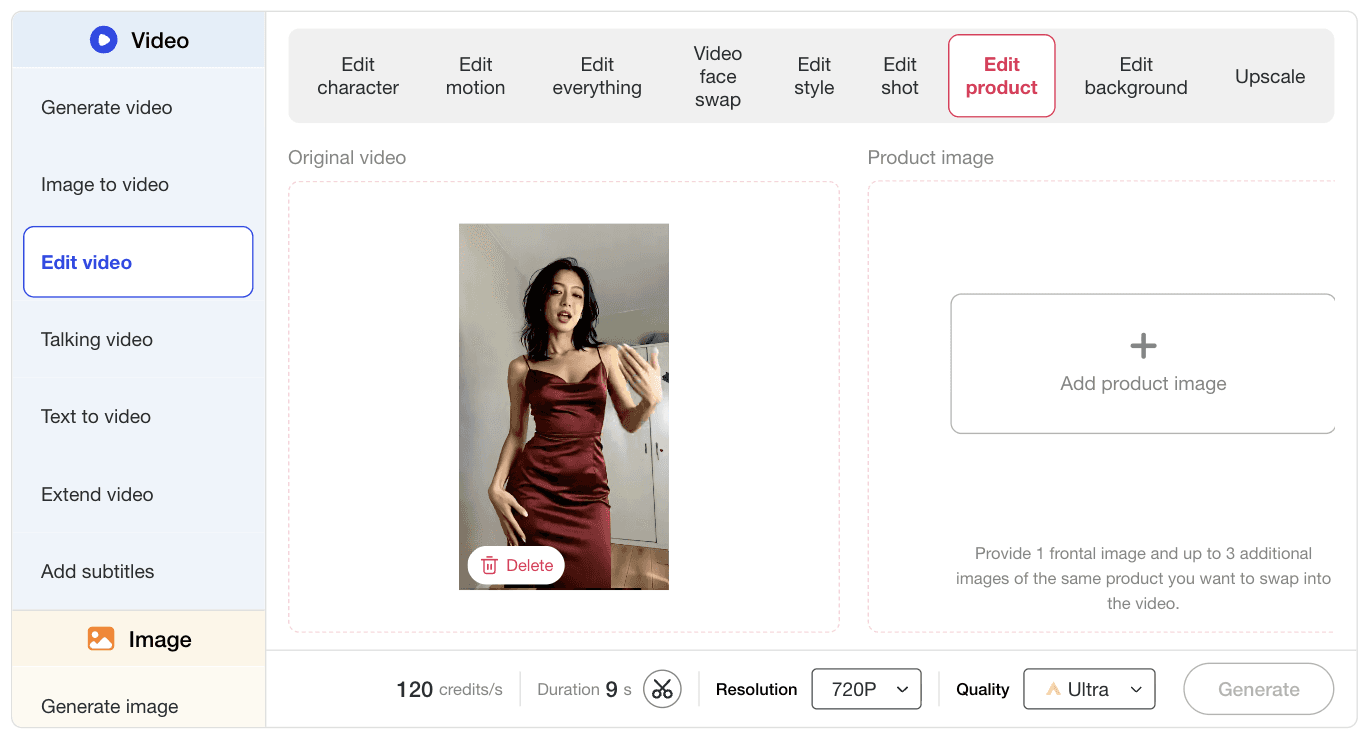 Générateur de vidéos publicitaires IA utilisant Edit product pour ajouter une image produit dans la vidéo