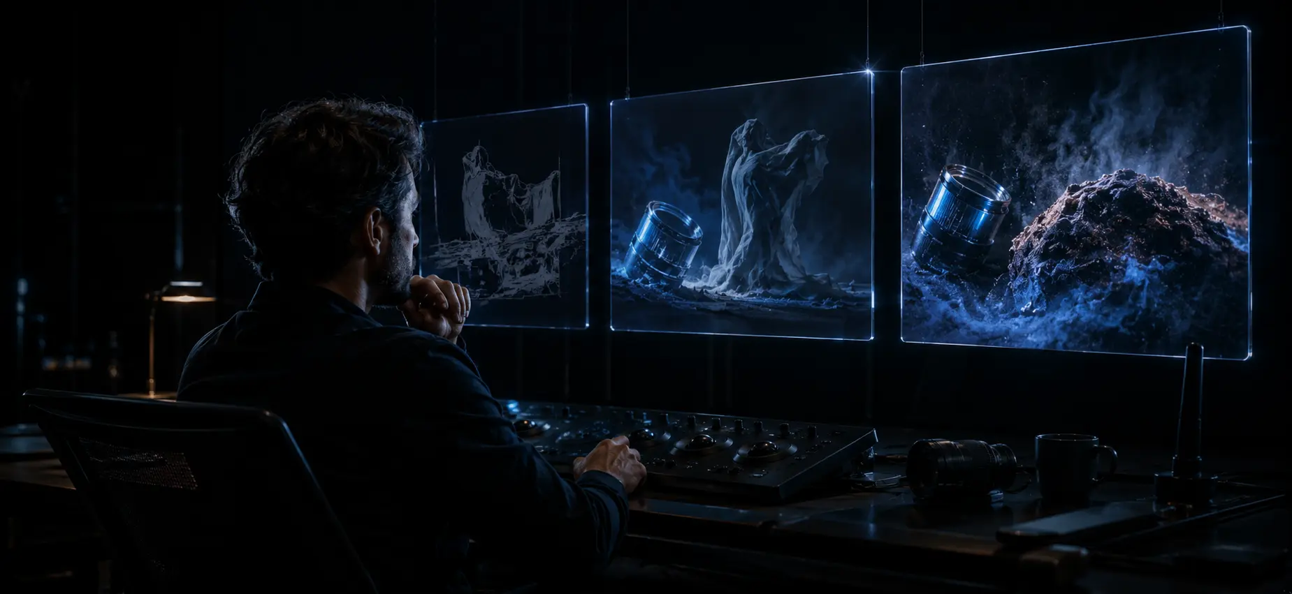 Creative director managing an AI video production workflow in a dark post-production studio in Lebanon
