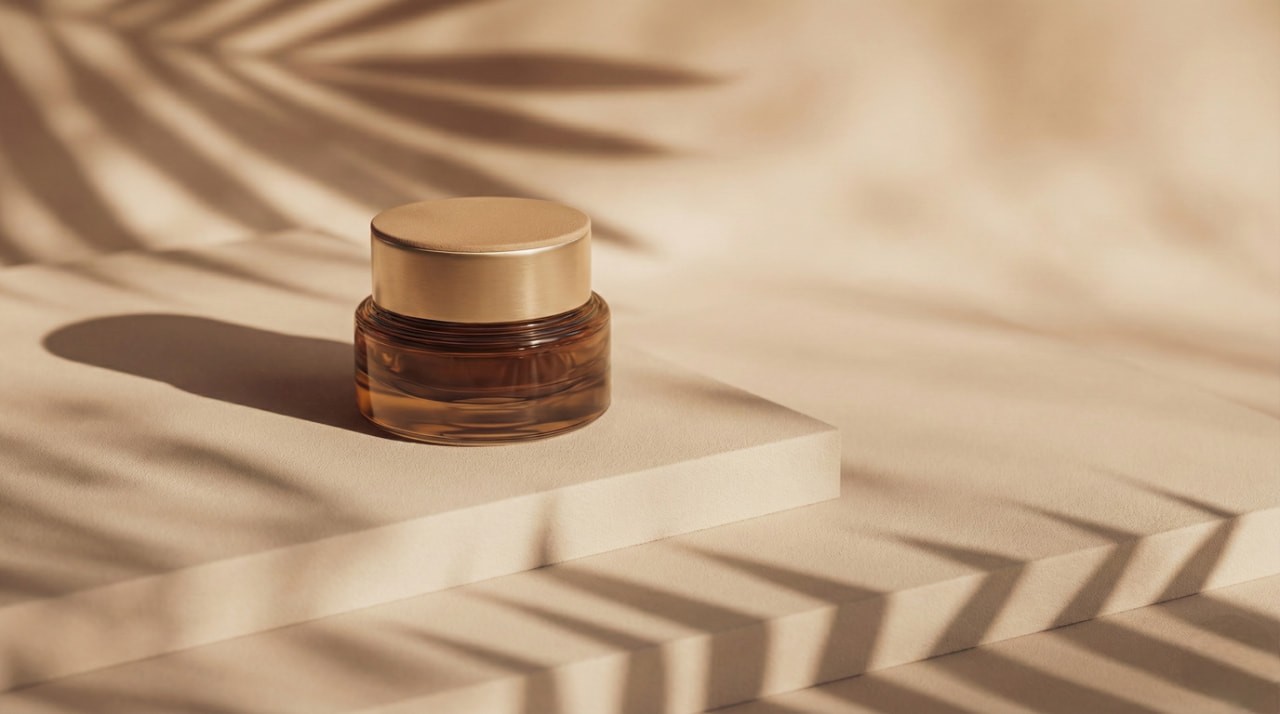 A small amber glass jar with a golden lid sits on a beige platform. Soft shadows of palm leaves are cast across the scene, creating a warm, serene atmosphere.