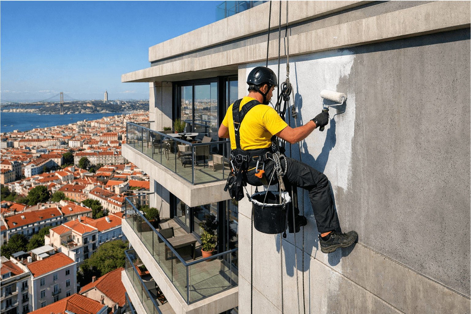 Colaborador impermeabilizando fachada de edifico em lisboa