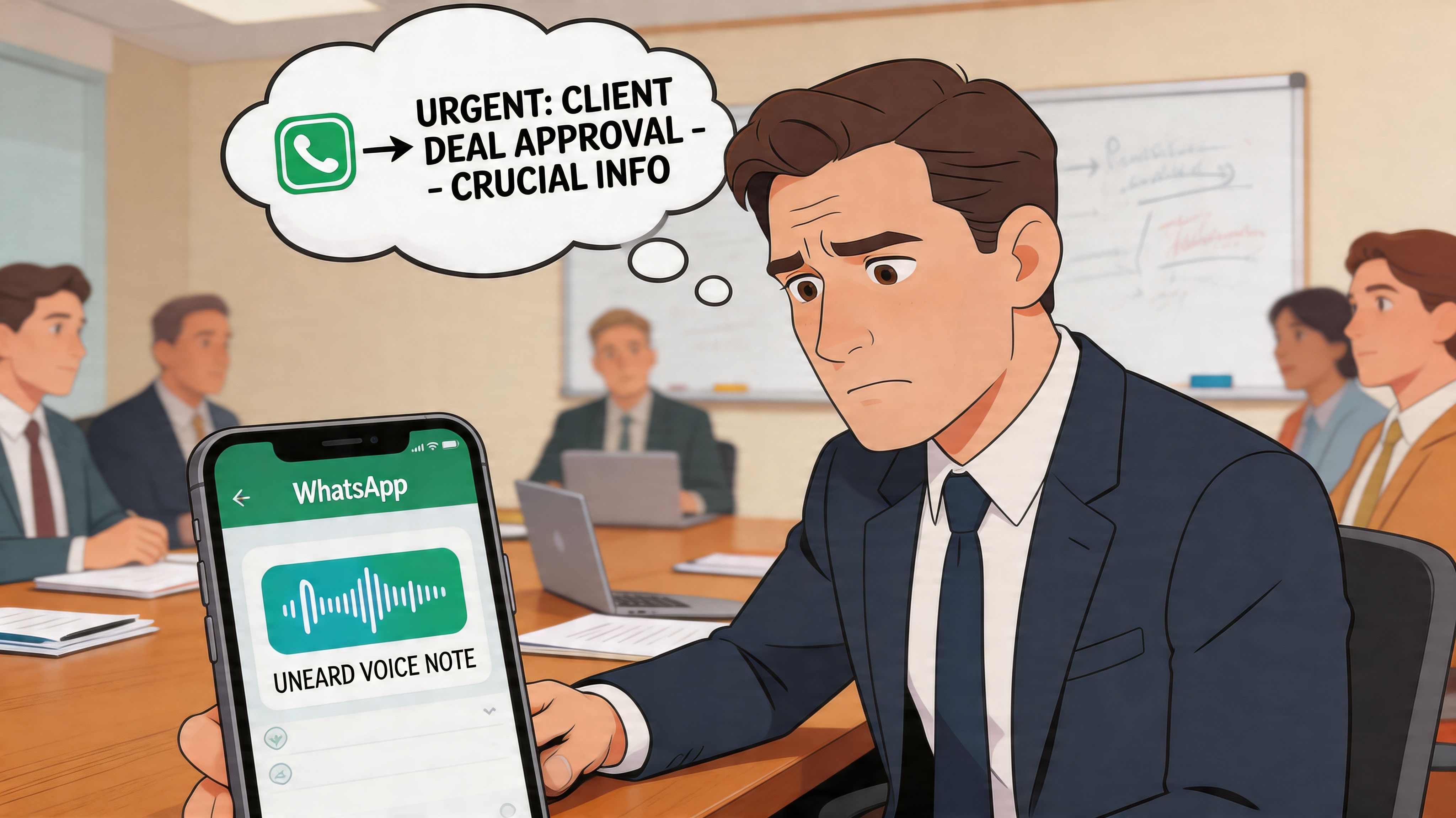 A concerned business man in a meeting reading an urgent WhatsApp voice note notification on his phone.