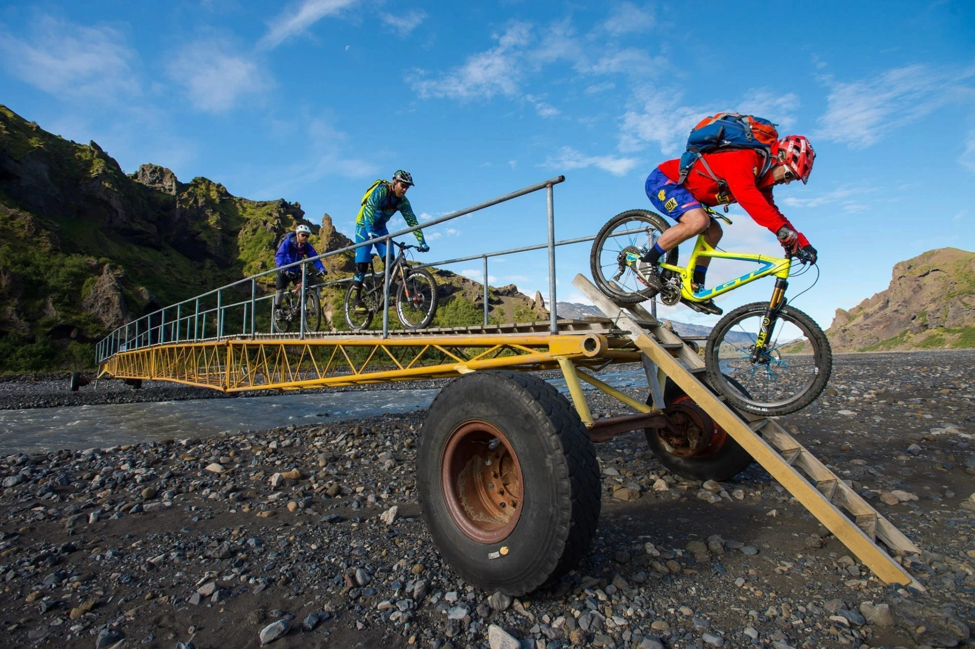 MTB riding over temporary bridge