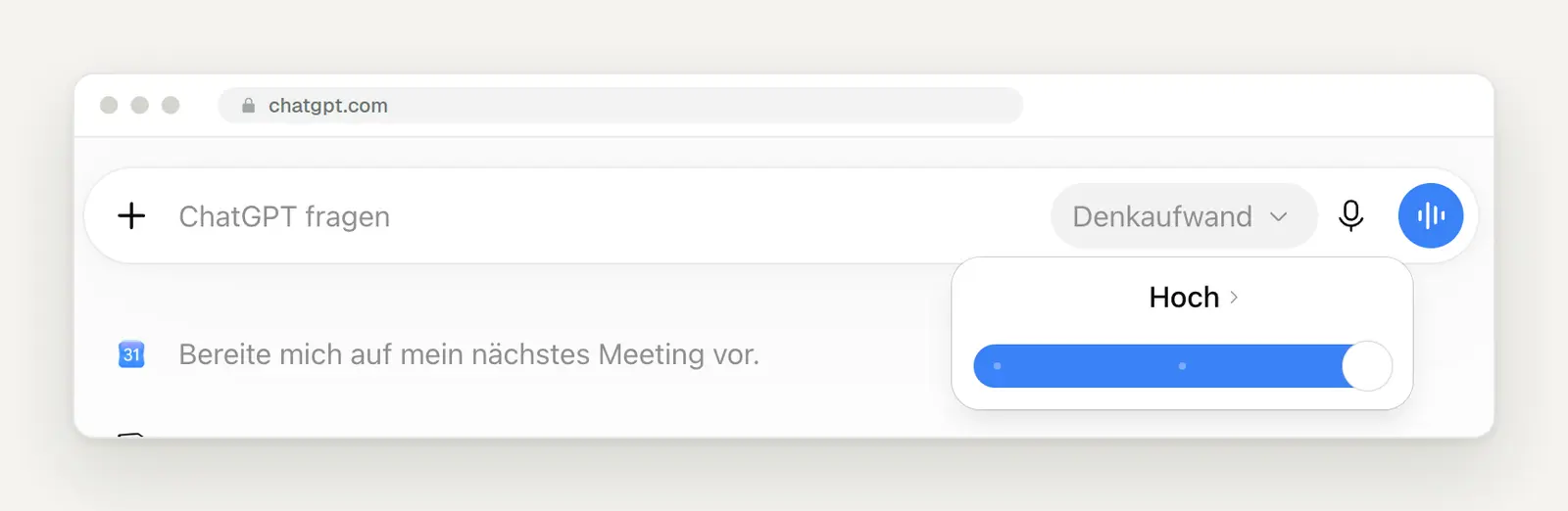 Regler Denkaufwand im normalen ChatGPT-Chat auf der Stufe Hoch