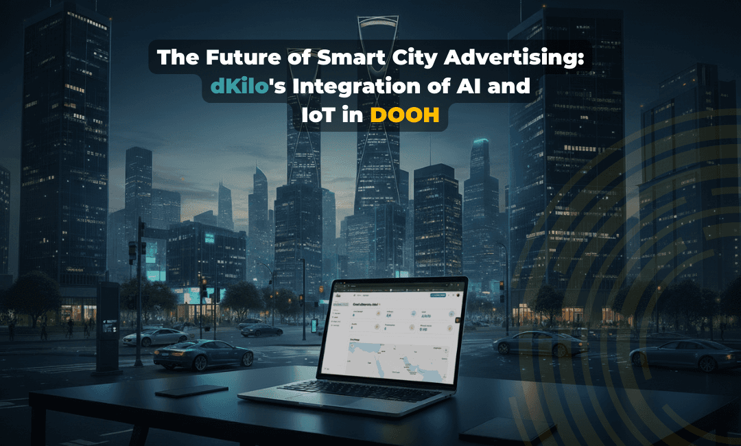 Laptop displaying dKilo’s DOOH dashboard on a table overlooking a modern smart city skyline at night, representing AI and IoT integration in digital out-of-home advertising.