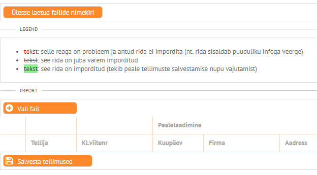 Planlogi Exceli tellimuste impordi vaade legendiga