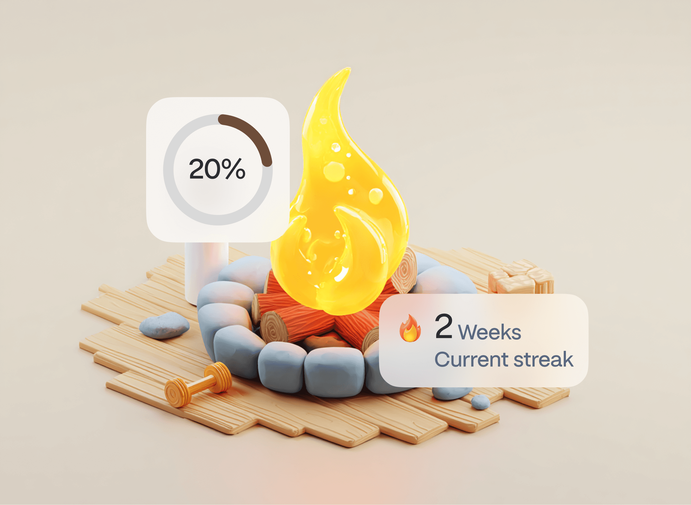 Loopday app illustration showing a glowing fire symbolizing workout streaks with a 2-week progress badge and 20% completion indicator.