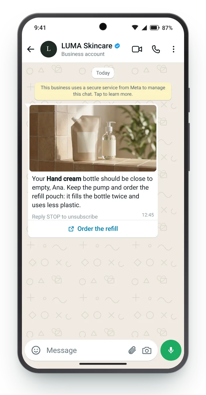 Point to the refill instead of a new bottle: WhatsApp reorder reminder on an Android phone
