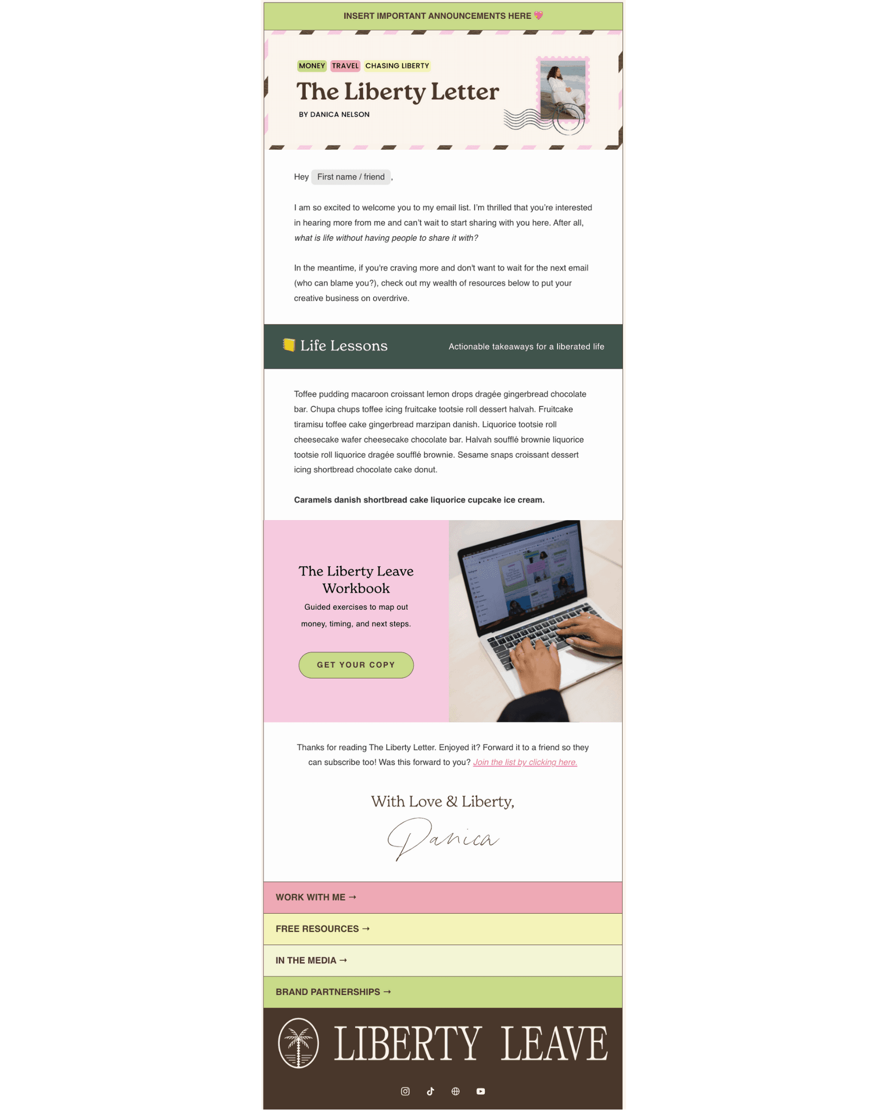 Flodesk email templates for Liberty Leave newsletter