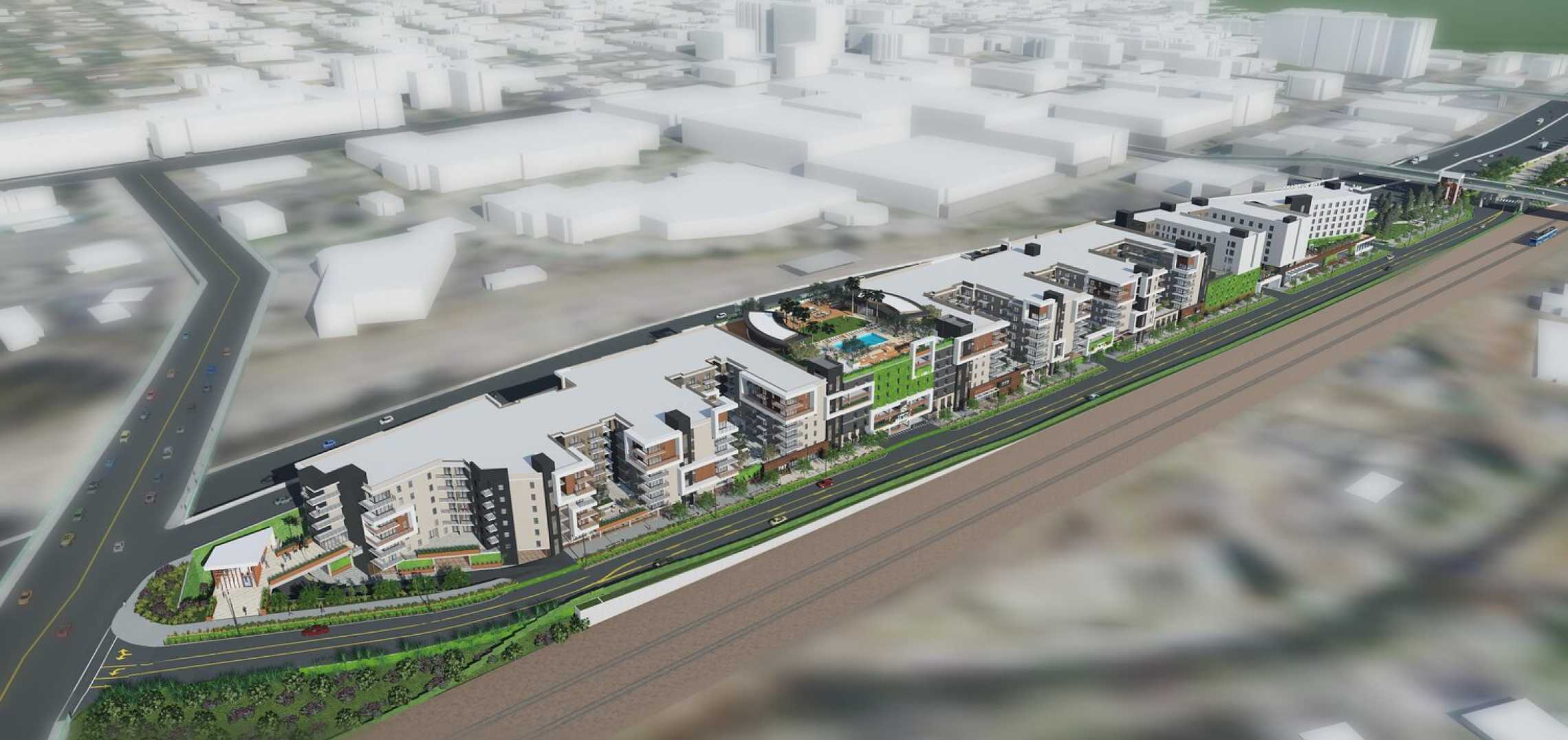 Architectural rendering of an expansive, multi-story residential complex situated along a major roadway, showcasing a large-scale project protected by M-Fire.