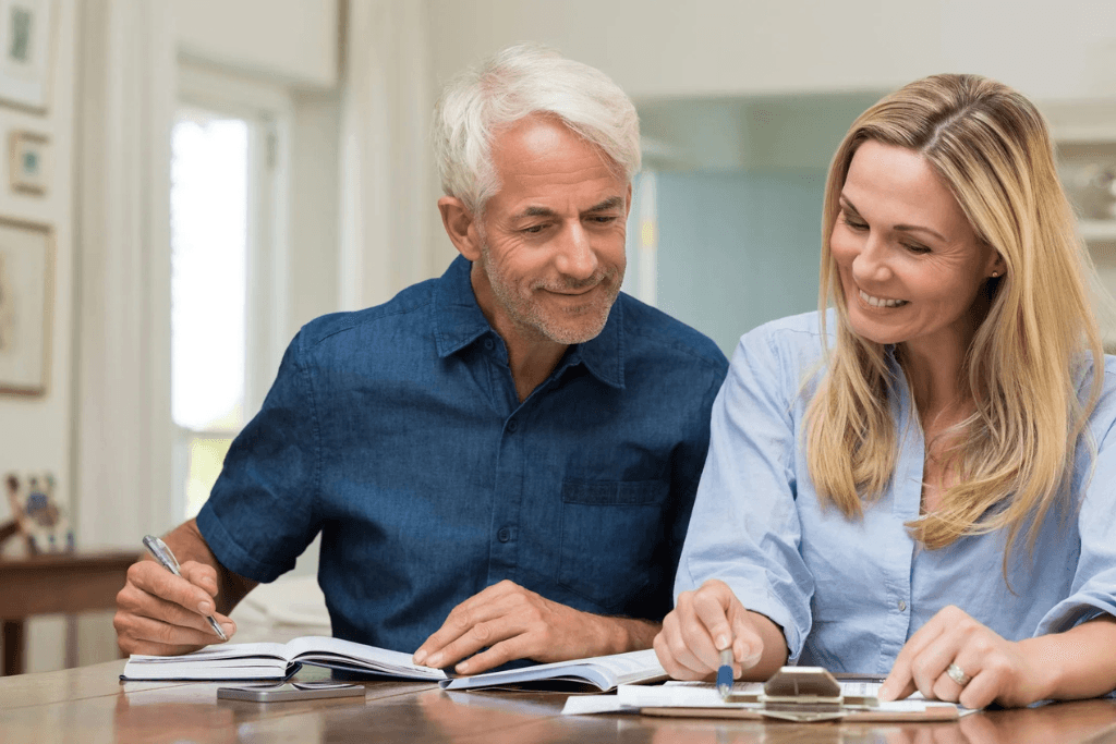 daughter helping her father on budgeting