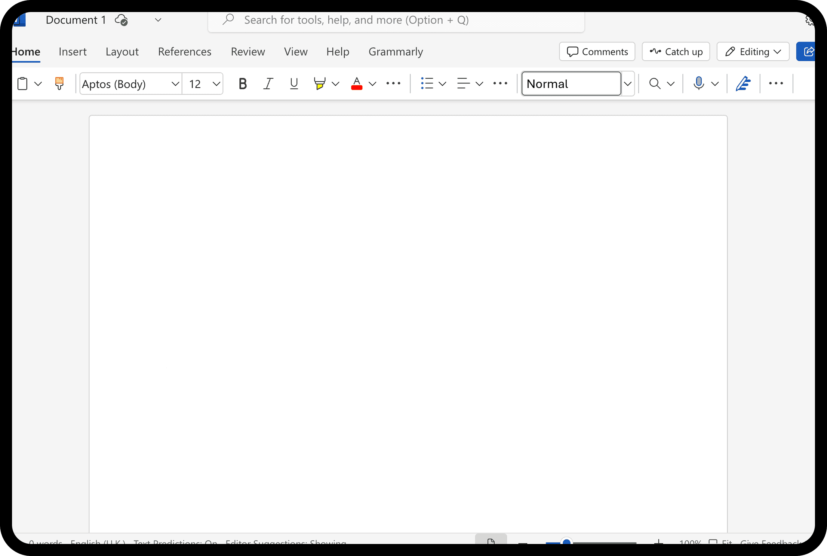 screenshot of empty document in Word
