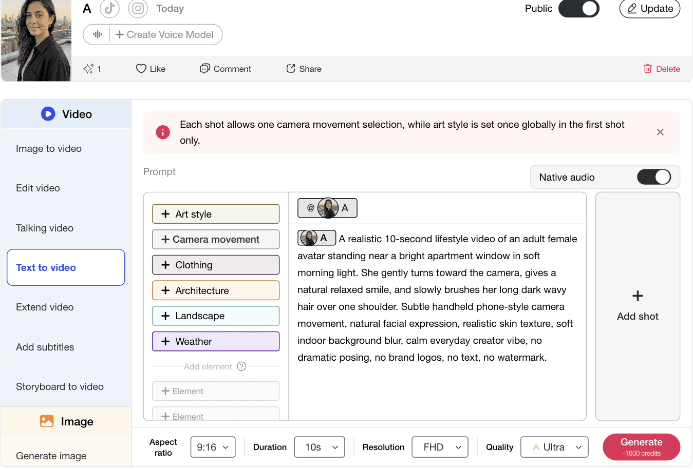 Text to video prompt screen showing a realistic 10-second female avatar video setup with aspect ratio, duration, and quality controls.