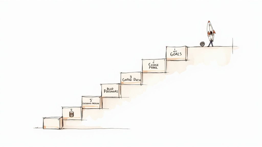 A five-step process diagram ascending, showing goals, model, data, personas, and message, with a rocket at the peak.