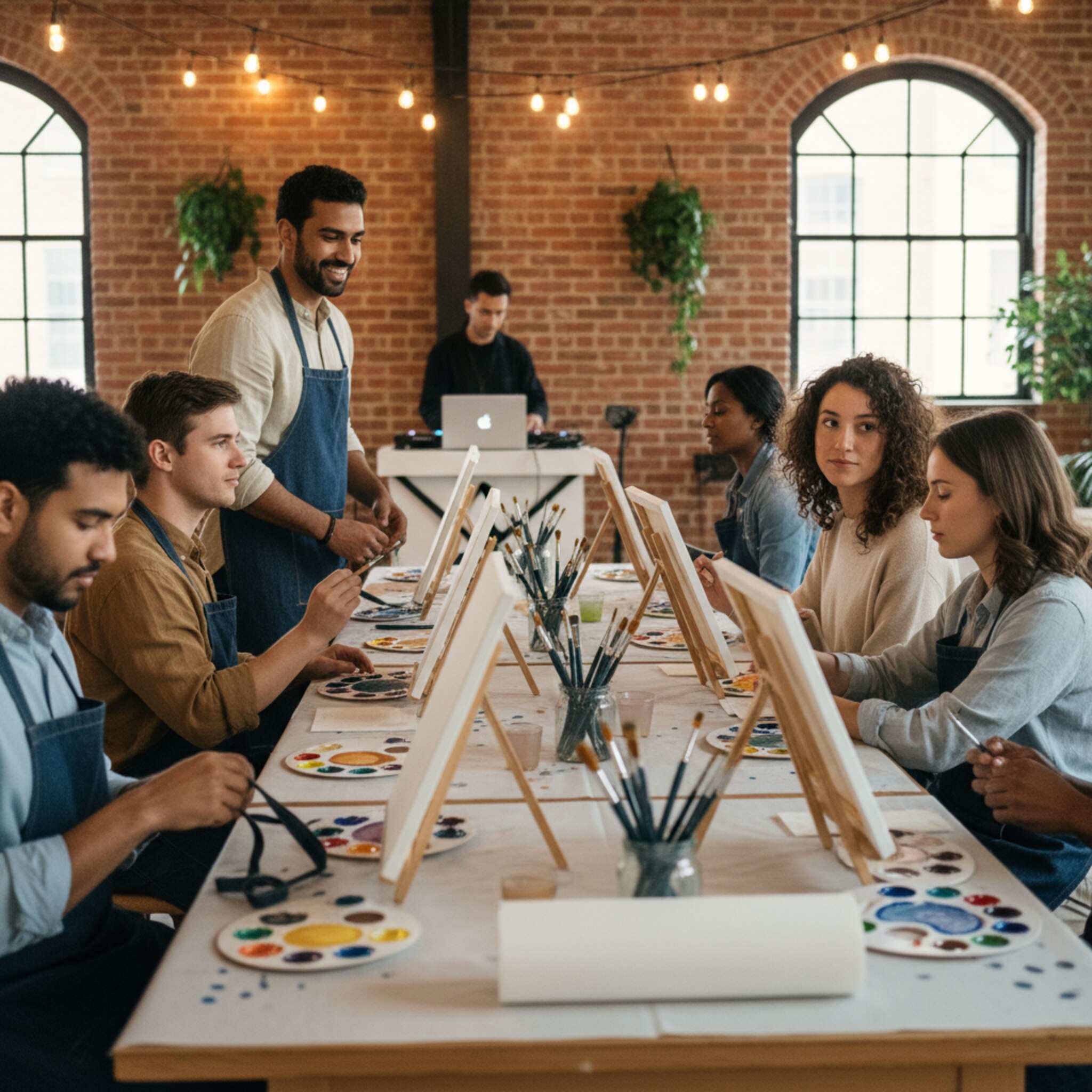 Unter warmen Lichterketten sitzen Teilnehmende an langen Tischen, Staffeleien stehen nebeneinander, ein DJ legt dezente Beats auf. Leuchtende Acrylfarben schimmern in Paletten, Pinsel liegen sauber bereit. Ein Host verteilt Schürzen, Lachen füllt den Raum. Die Atmosphäre ist kreativ, urban und einladend.