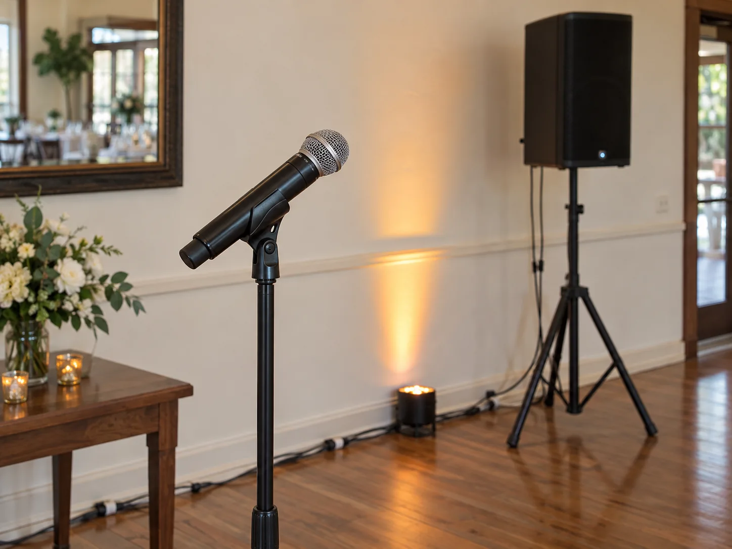 DJ equipment illustration showing a microphone, compact speaker and uplight in an event room.