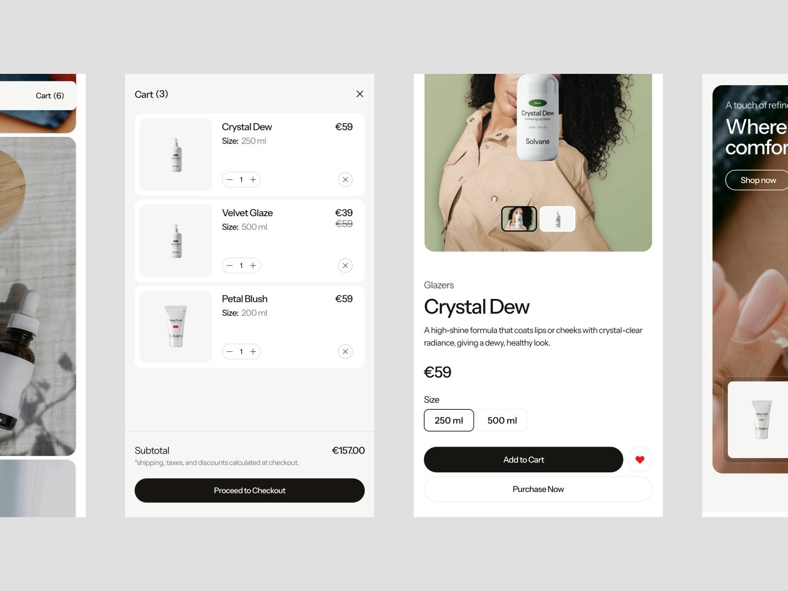 Mobile views of the Solvane skincare template showing a cart with Crystal Dew, Velvet Glaze, and Petal Blush products totaling €157, a Crystal Dew product detail page priced at €59, and a "Where comfort" campaign banner
