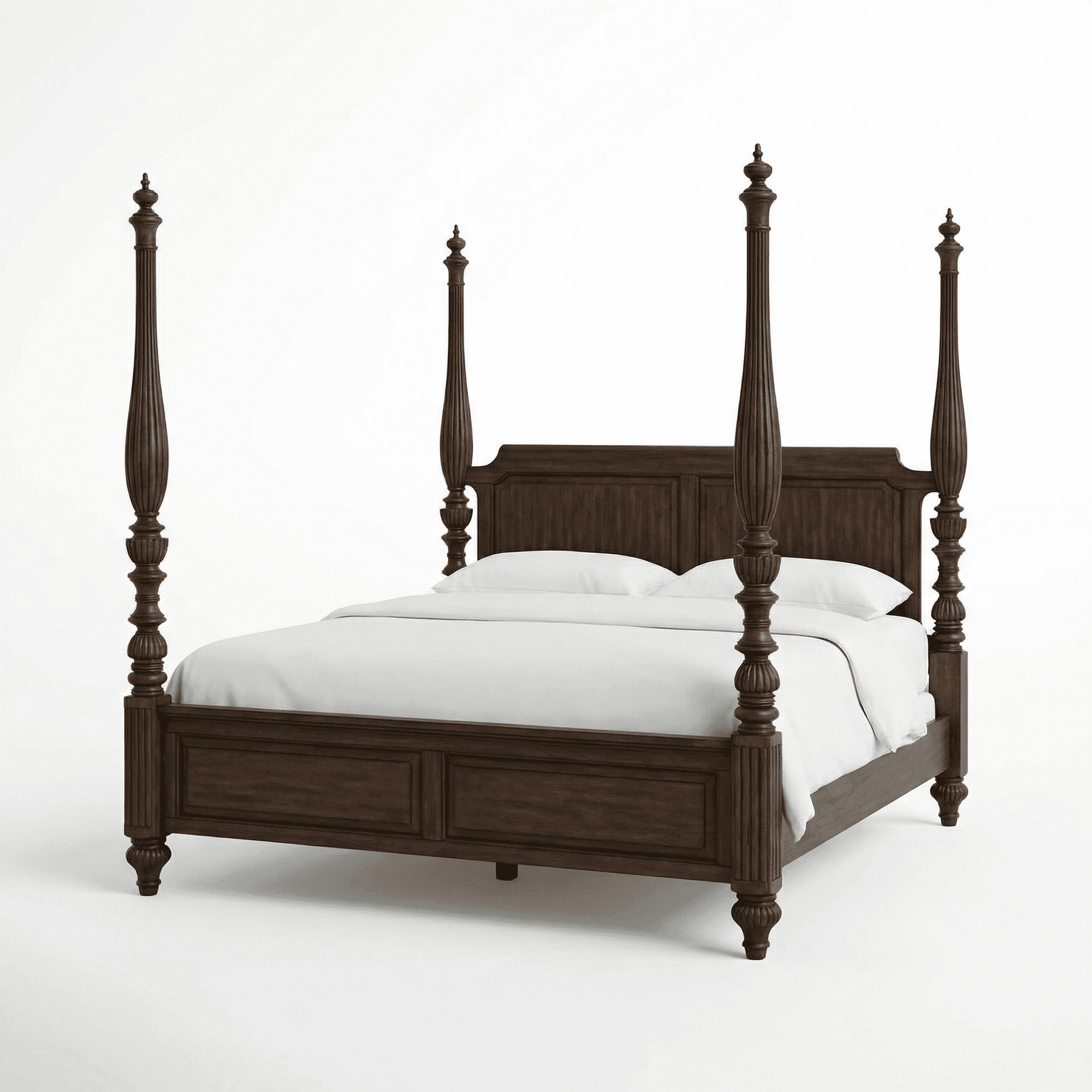 Traditional four‑poster bed with turned wooden posts and solid rails