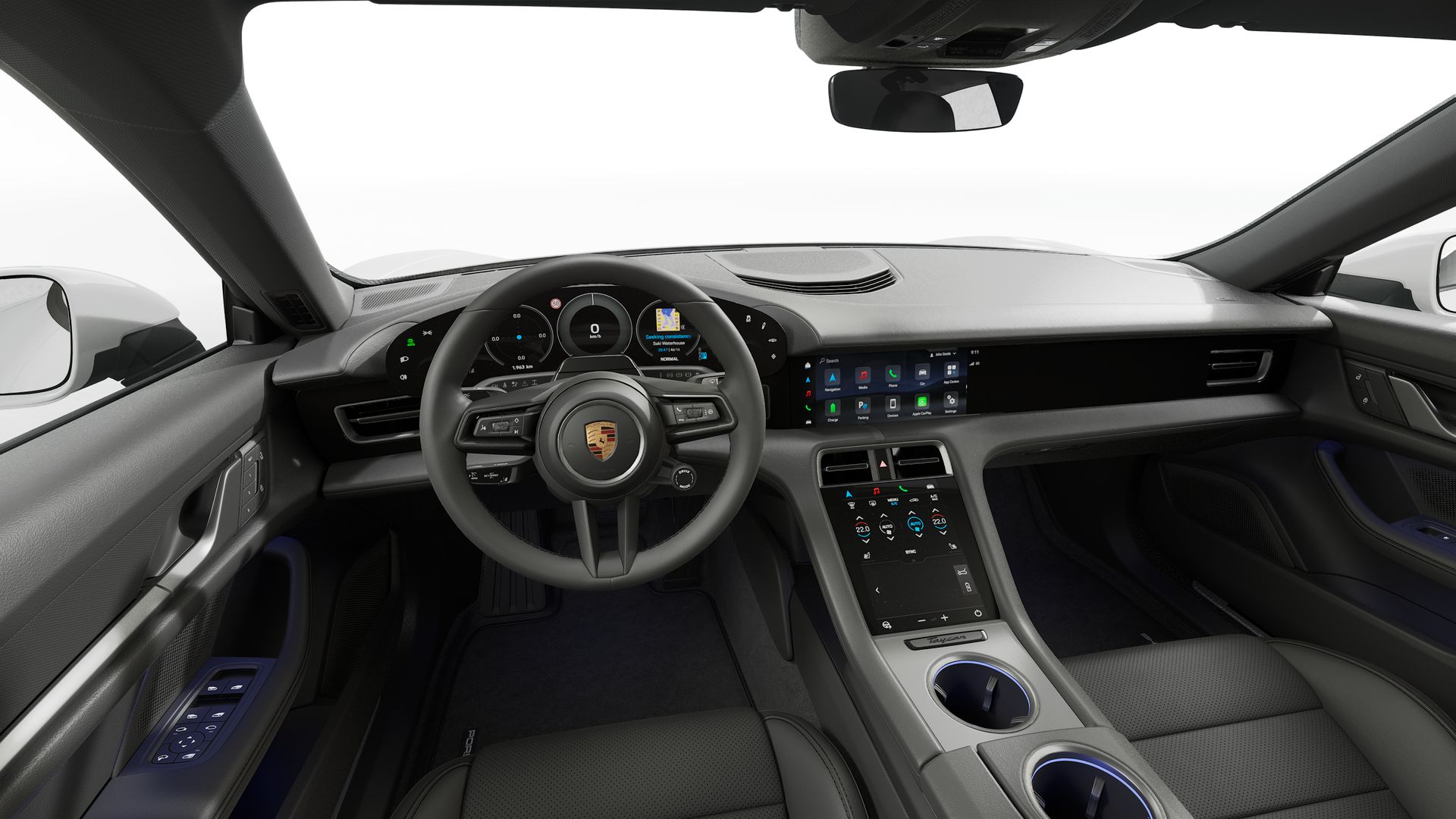 Habitacle de Porsche Taycan vu depuis les sièges avant