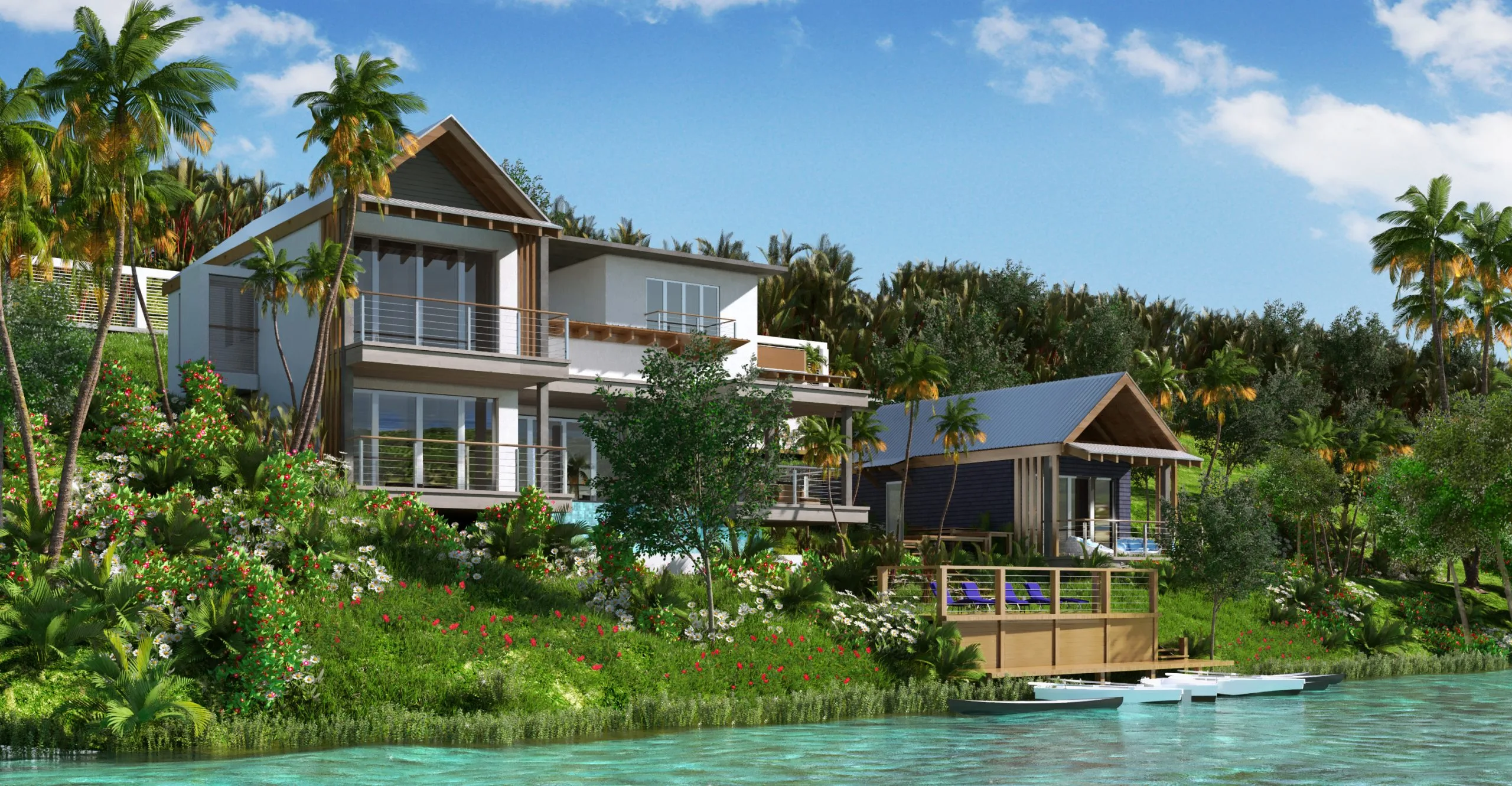 3D rendering of waterfront home with private dock and boathouse on St. Lucia bay