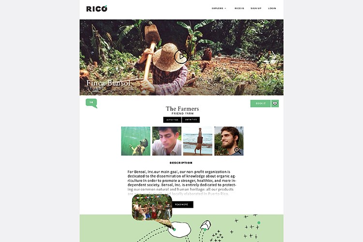 A Ricò website screenshot displays a clean, minimalist design with a white background. At the top, a banner shows a person in a straw hat harvesting plants in a garden. Navigation links include "EXPLORE," "RICO," "SIGN UP," and "LOGIN." Below, a section titled "The Farmers" features four images of people in casual attire. Text describes Ricò as a non-profit organization dedicated to promoting organic agriculture and health. A "READ MORE" button is visible, and a green footer contains icons and text. The page is numbered "14" on the left side.