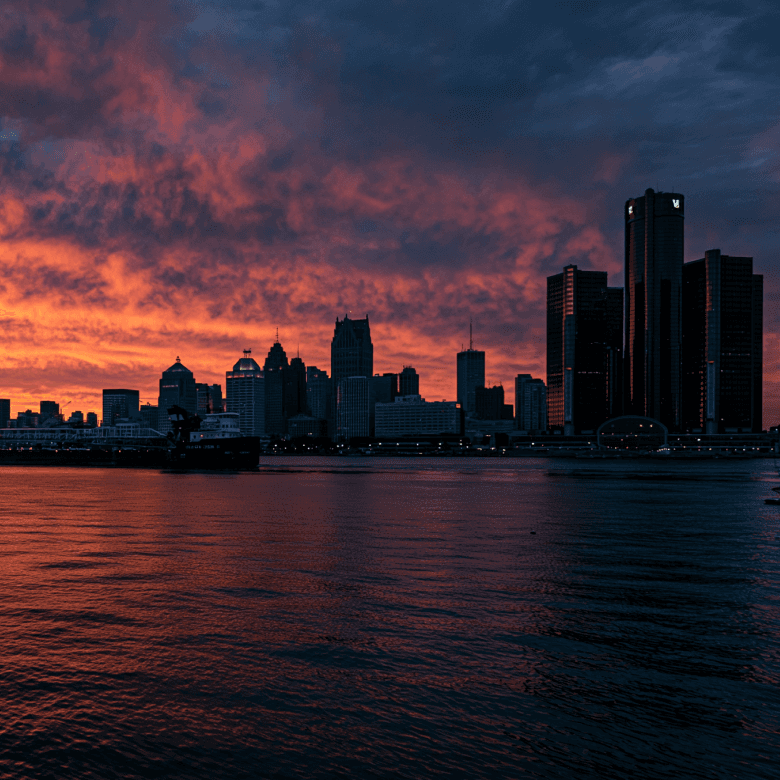Aerial view of the Detroit River with Detroit skyline at sunset