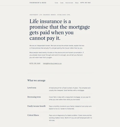 Life insurance website built with AI showing a document style hero sentence in Caslon and a hairline separated list of four cover types