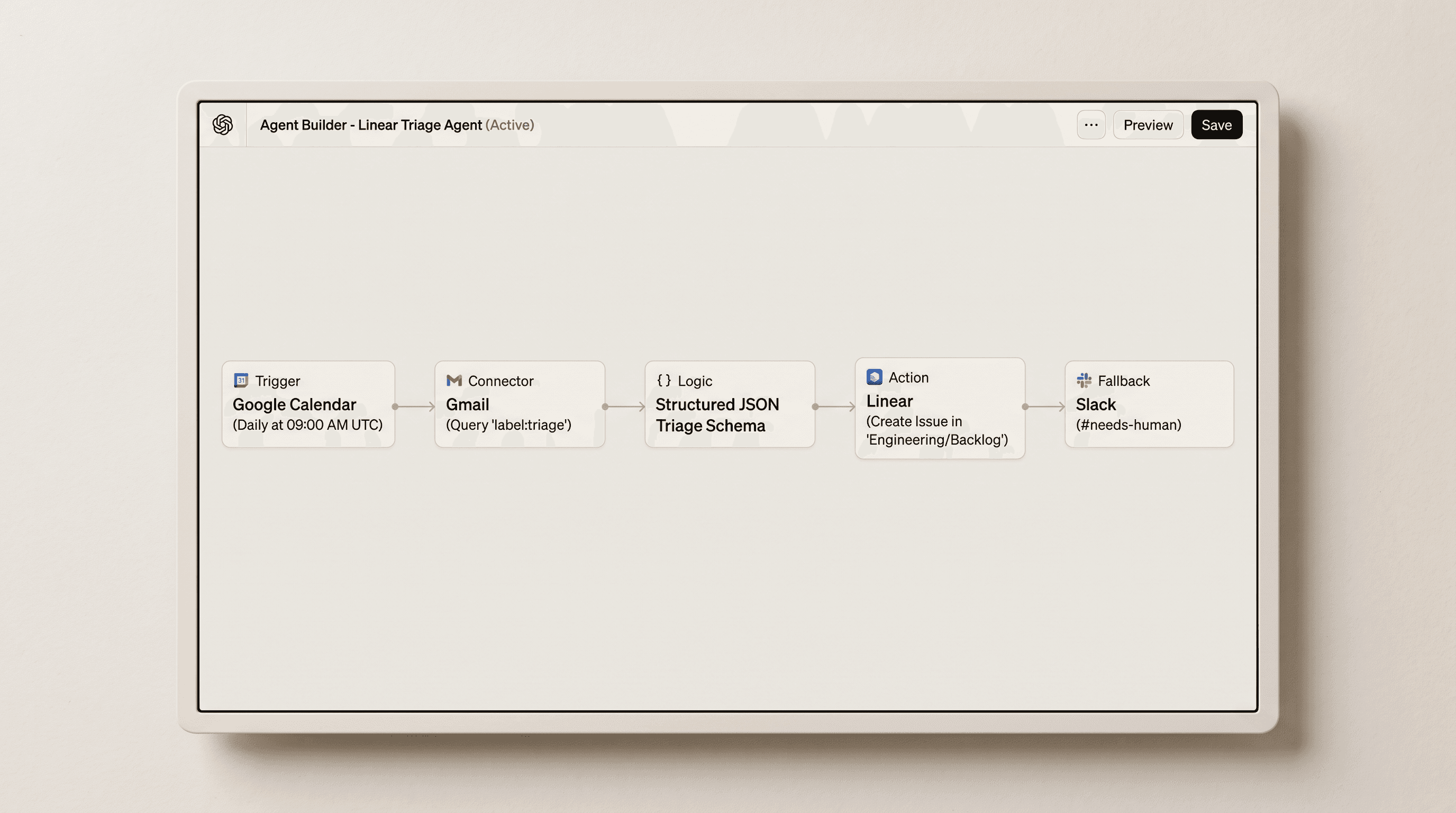 Teaching reconstruction of ChatGPT visual Agent Builder canvas with calendar schedule trigger and SaaS action nodes