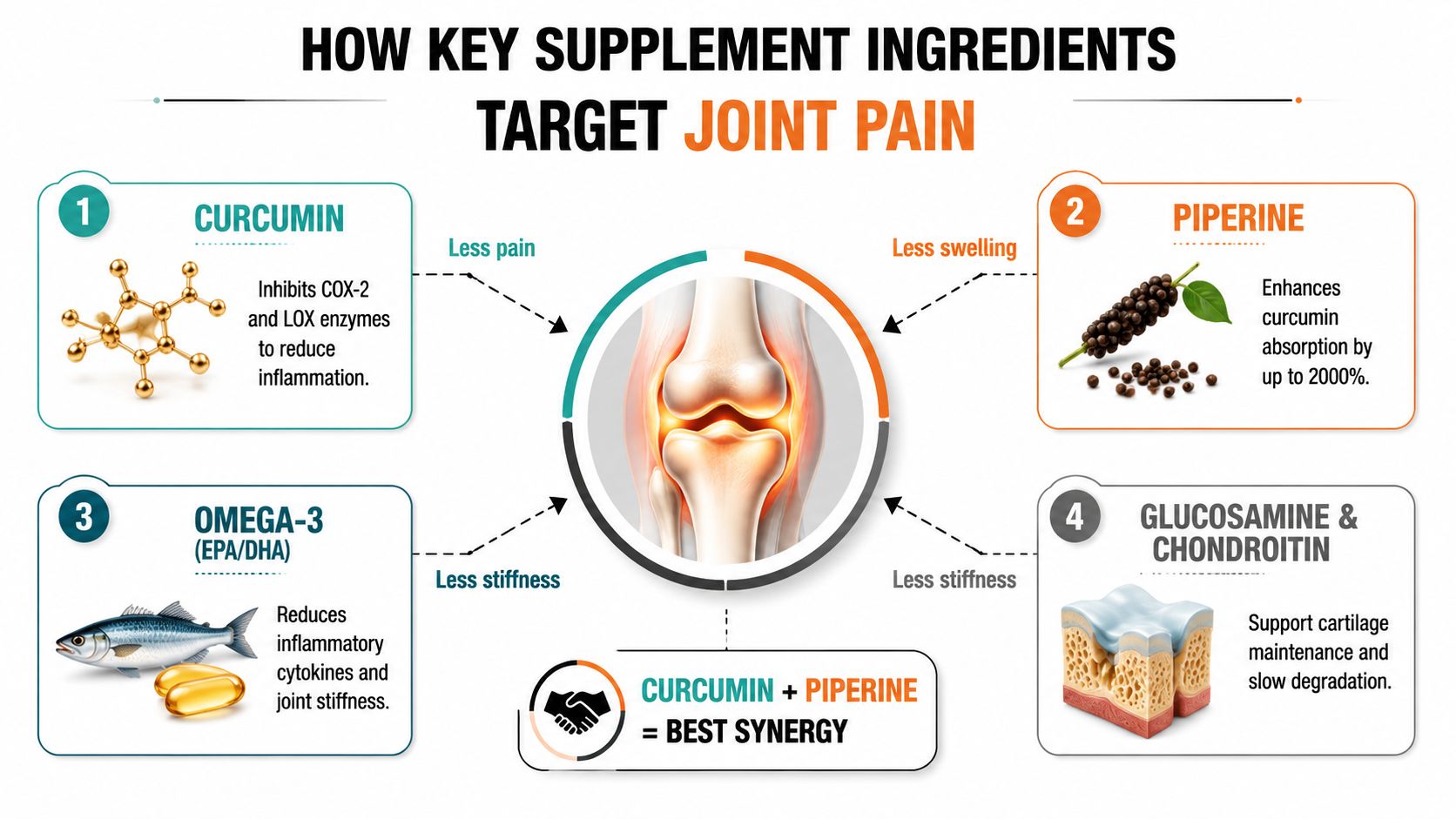 An infographic showing four key dietary supplements like curcumin and omega-3 for managing joint pain and inflammation.