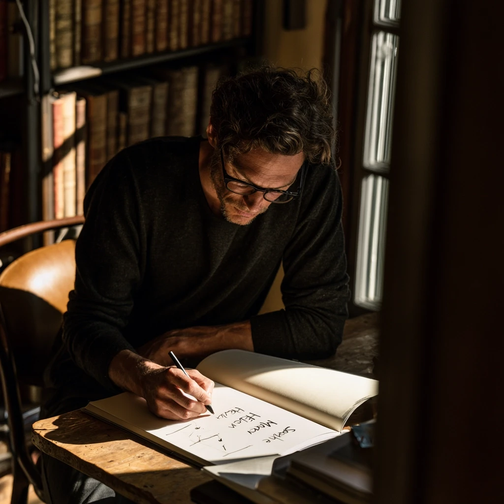 Man writing the four stages of the anima in a notebook in a quiet study during an analysis session