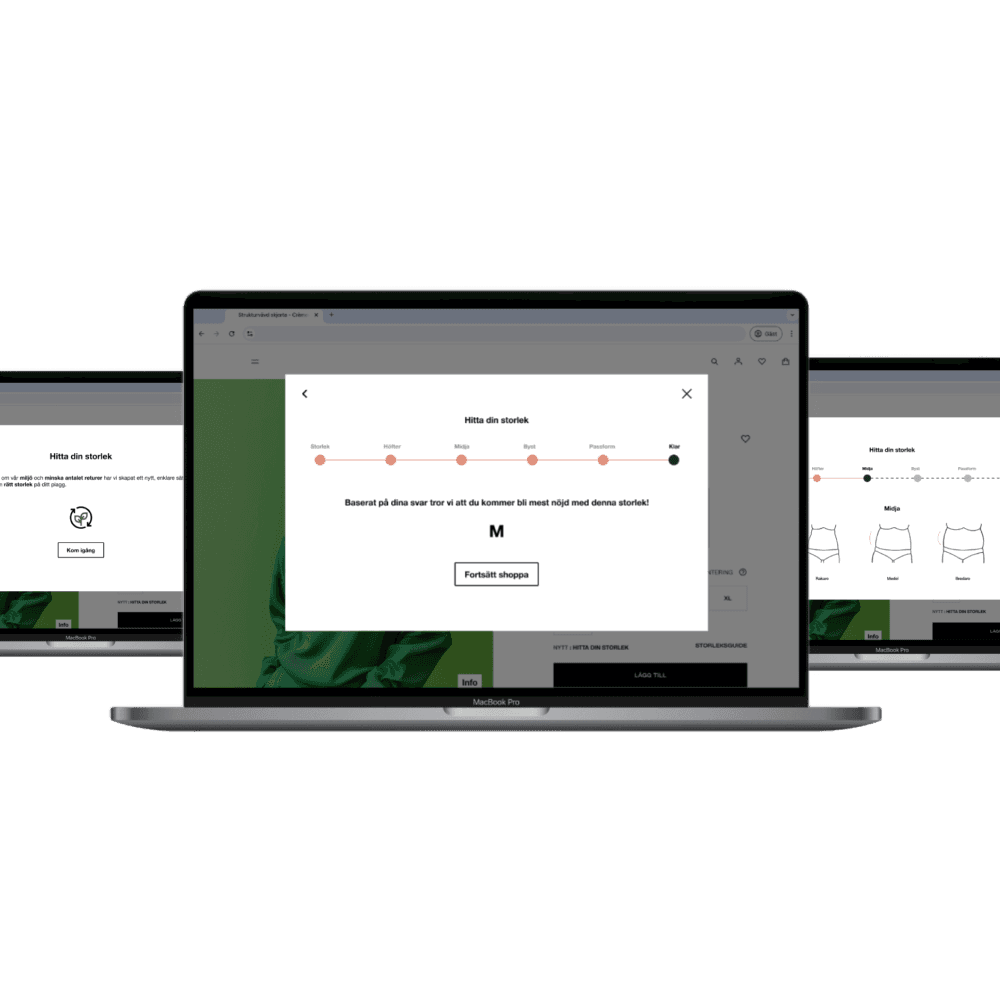 Three laptops, the left screen shows an introduction message about finding the right size, the center screen presents a size recommendation based on user input, and the right screen displays a selection interface for waist shapes.