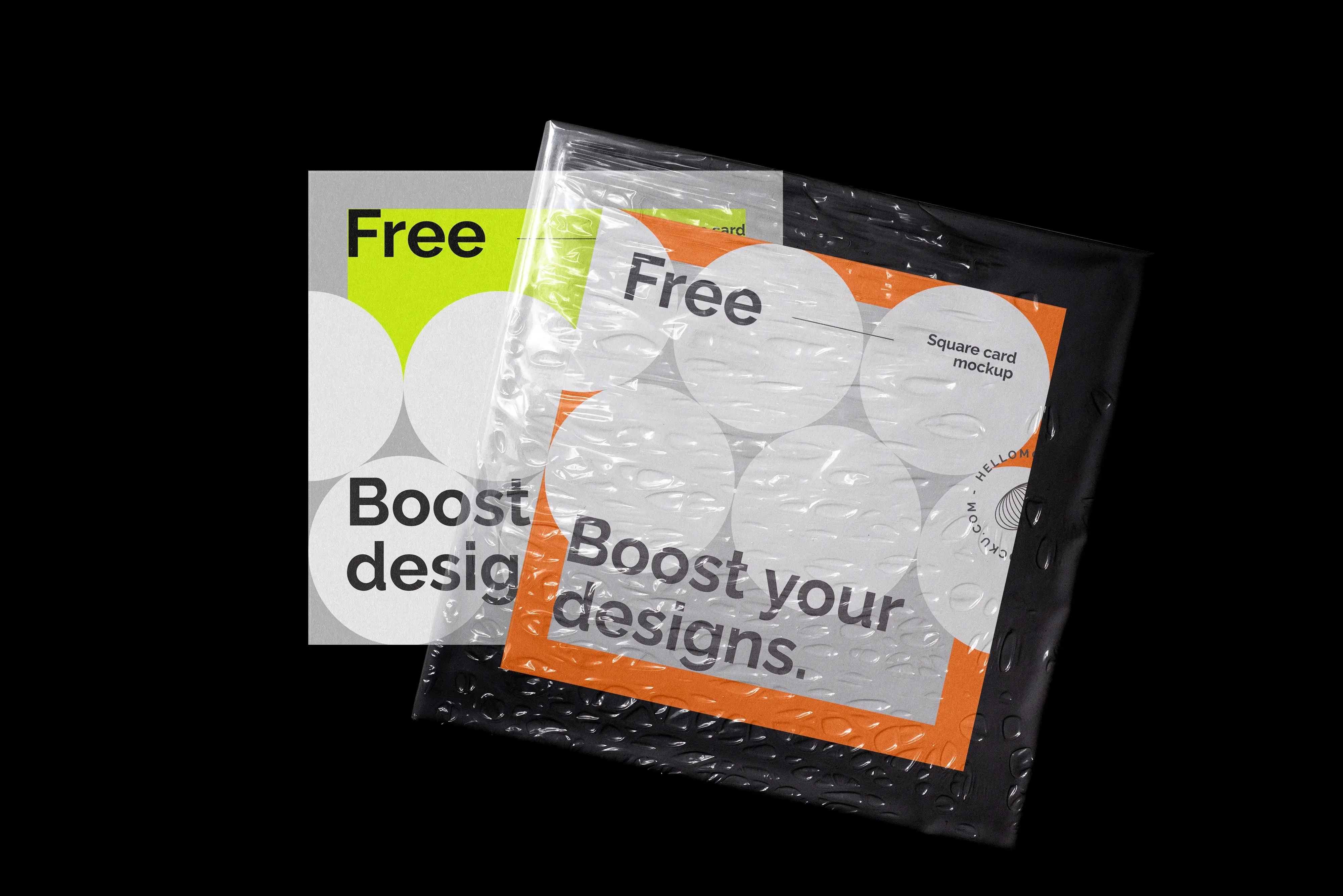 Mockup of two square cards, one with a neon green accent and the other orange, placed inside transparent bubble wrap packaging. Set against a black background, the bold colors and textures create a modern and eye-catching design presentation.