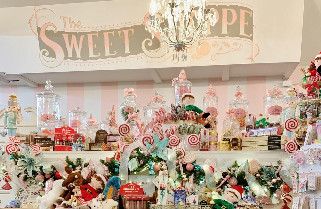 The sweet shoppe at the pink chandelier near christmas time. sweets, candies, chocolates and more.