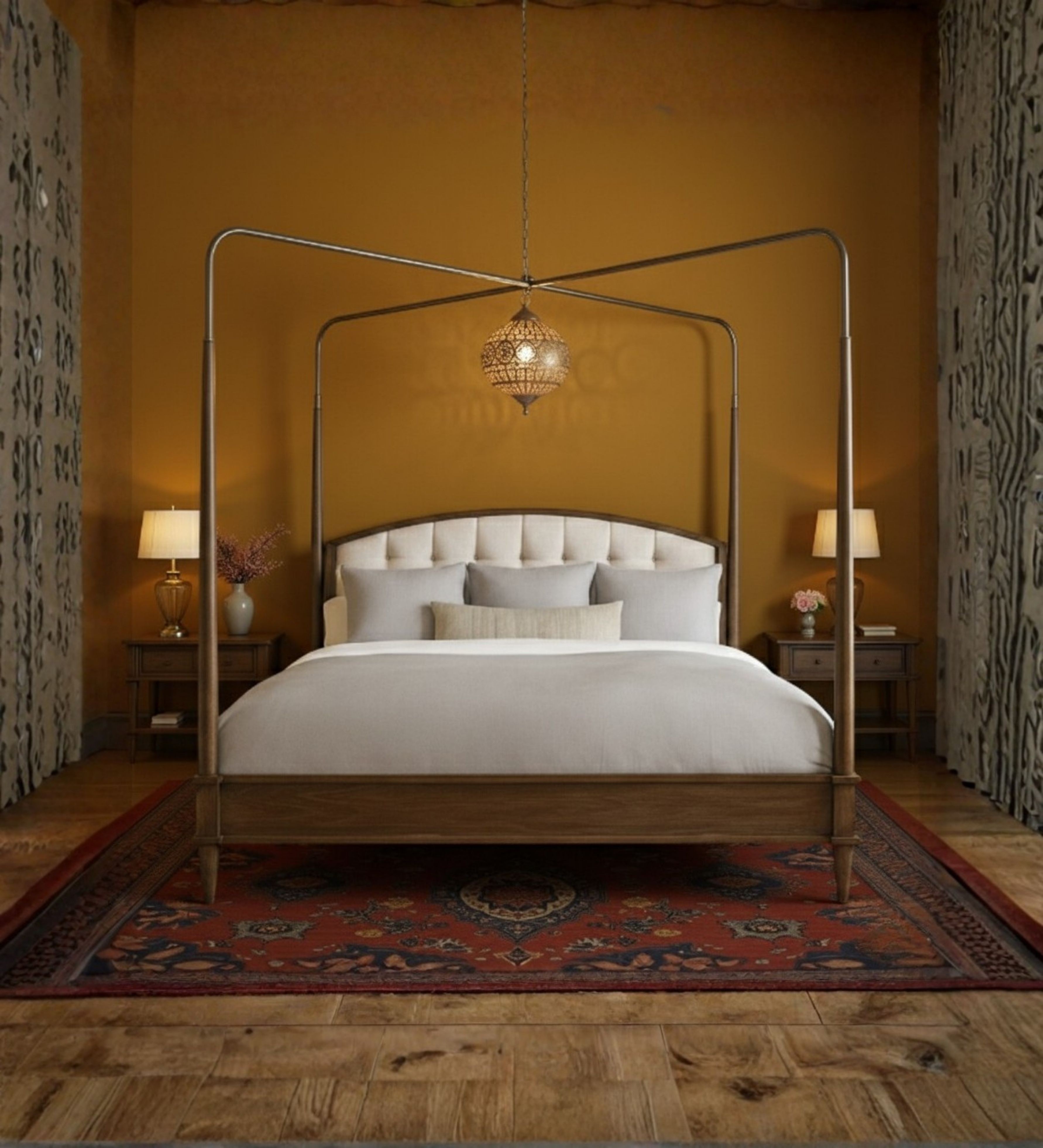 Upholstered bed with arched metal frame and suspended canopy form
