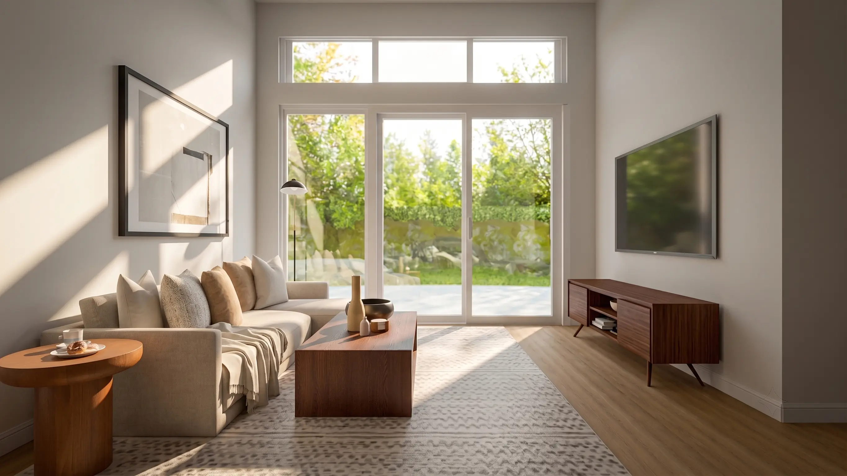 Open-concept living room with a beige sectional, wood coffee table, kitchen counter with stools, and a potted plant.