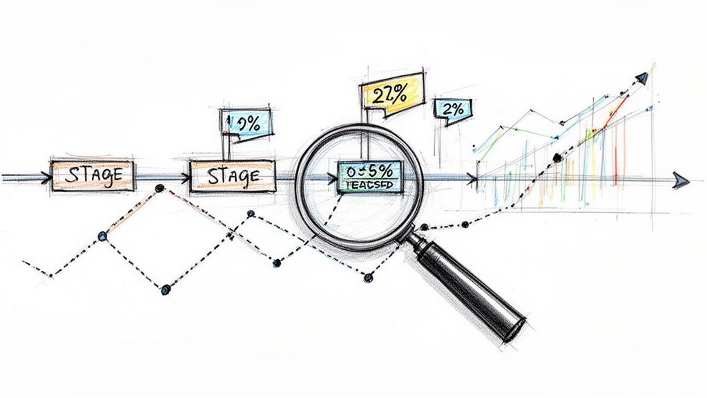 Illustrative diagram detailing a multi-stage business funnel with percentages and growth charts.