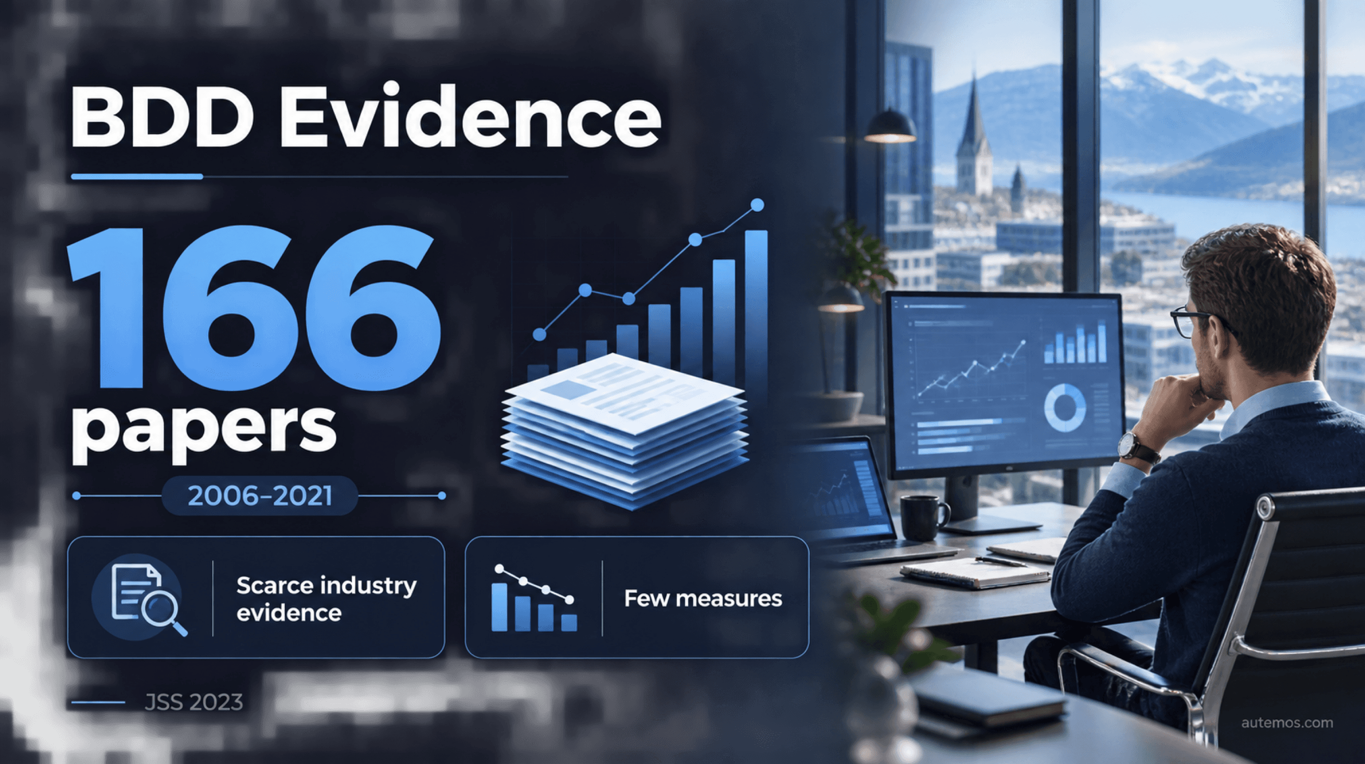 BDD evidence graphic showing 166 papers from 2006 to 2021 and scarce industry evidence and measures