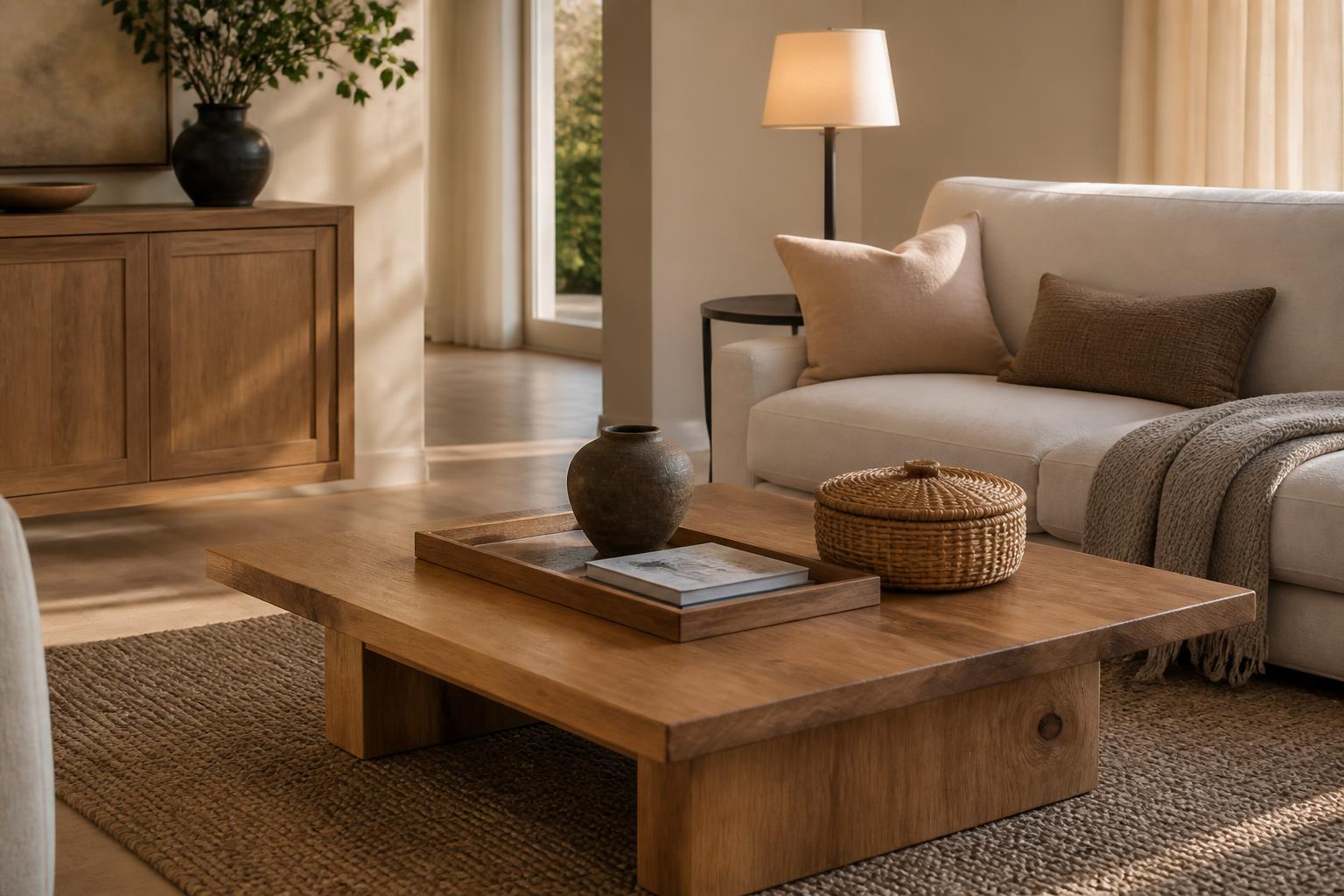 Warm neutral modern living room featuring a light beige sofa, solid wood coffee table, woven decor, floor lamp, and minimalist styling in natural sunlight.