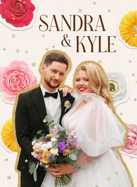 Wedding greeting card template with a bride and groom photo, gold stars, and pink floral accents