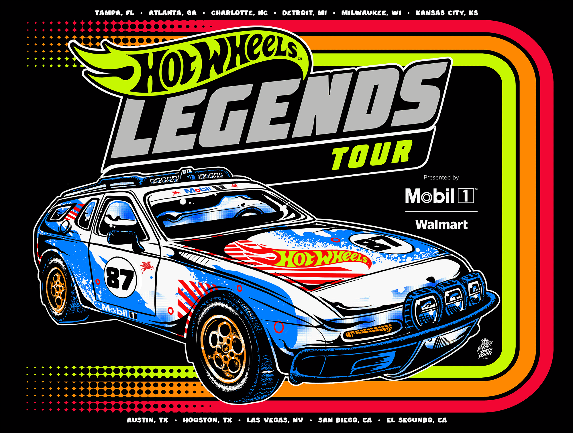 Hot Wheels Legends Tour poster featuring the Dirtmeister car, surrounded by bold retro rainbow borders and U.S. tour city listings.