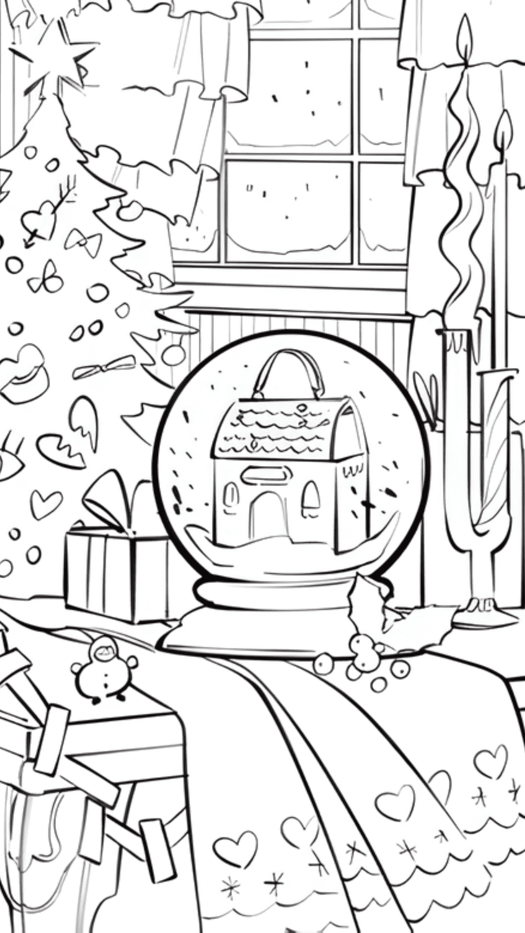 Line art sketches depicting a whimsical gingerbread-themed winter village