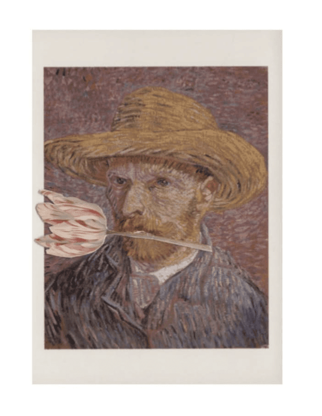 Collage portrait of Van Gogh made from cut paper and magazine clippings