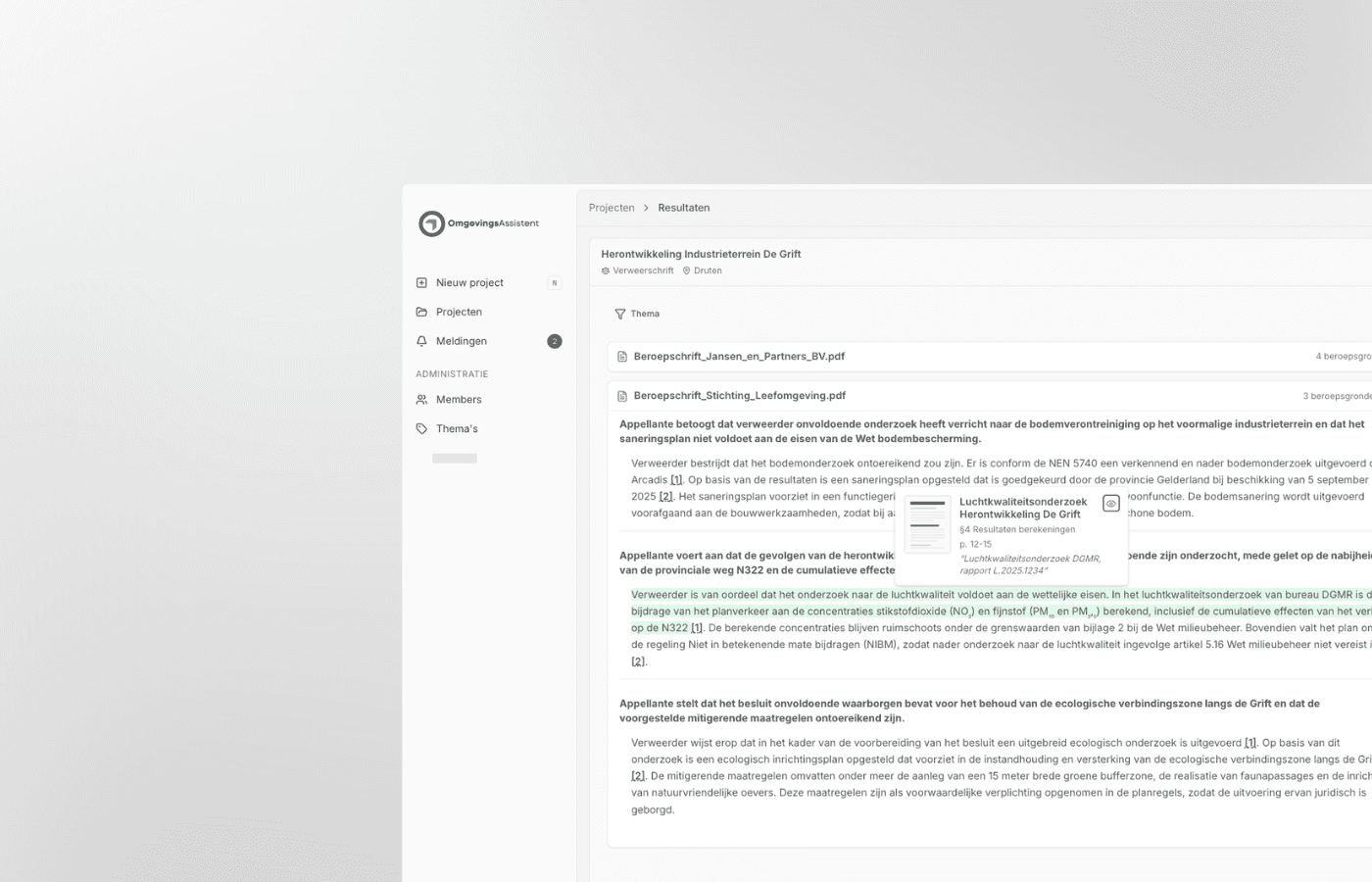 OmgevingsAssistent platform toont gegenereerd verweerschrift met automatische bronverwijzingen per standpunt