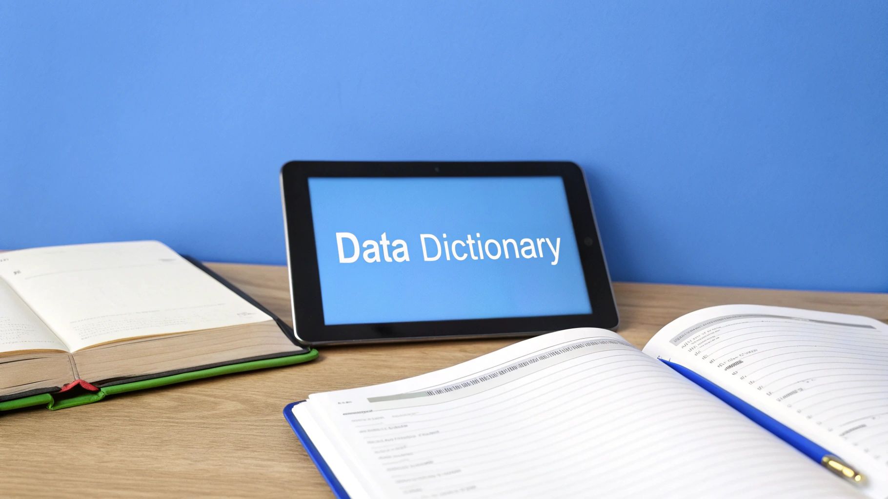 A tablet displaying 'Data Dictionary' sits between an open book and notebook on a wooden desk.