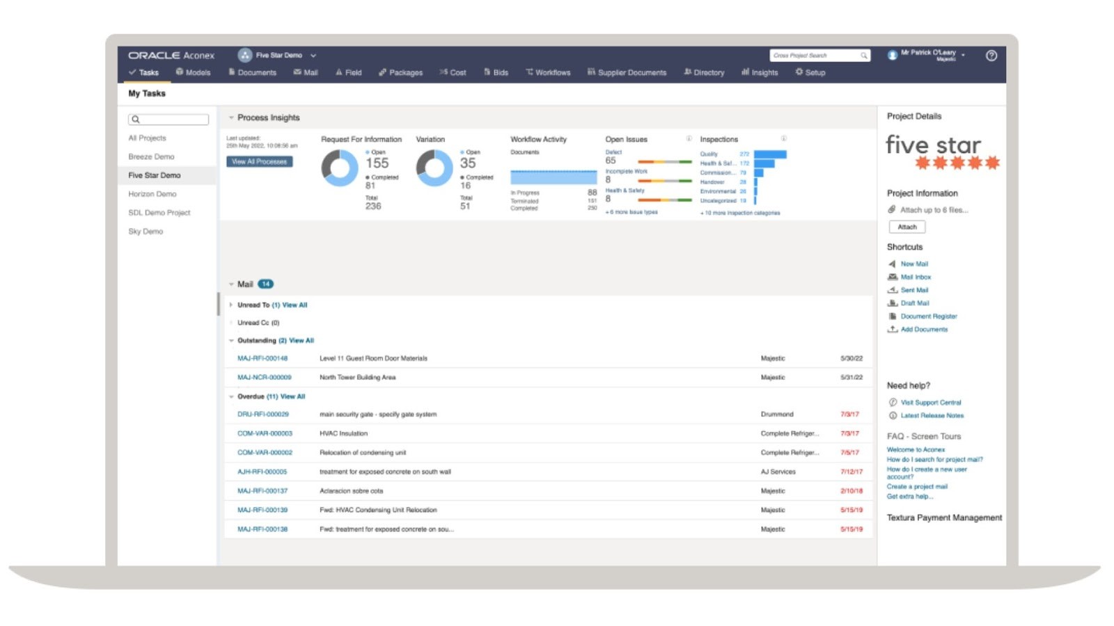 Aconex's dashboard for process and document management